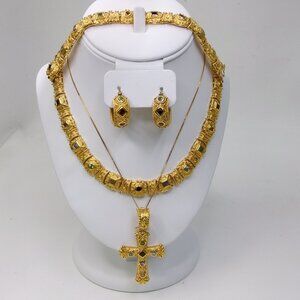 Etruscan Sterling Silver 18k Gold Vermeil Gemstone Jewelry Set with Cross MIB